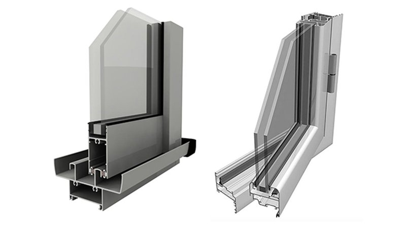 Corte de perfiles de aluminio con vidrio, vista en sección